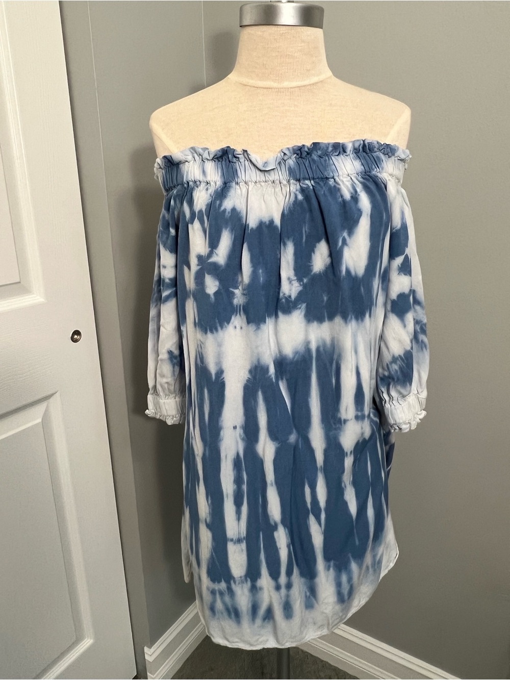 Off-Shoulder Tie-Dye Blue and White Dress